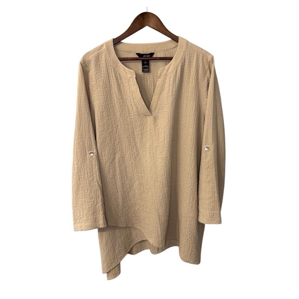 Ali Miles blouse women's XL beige neutral crinkle crepe roll tab art boho